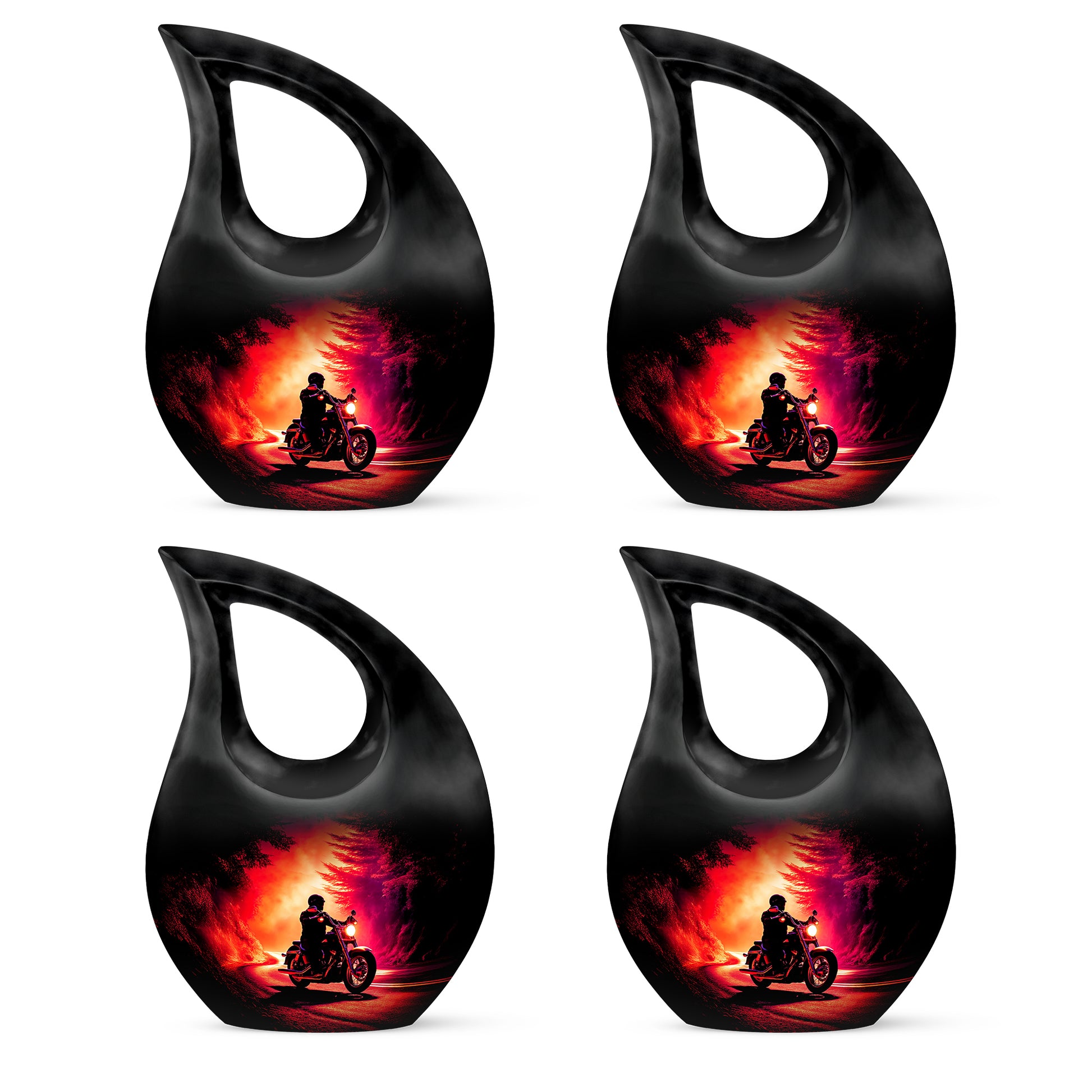 Dark Black Bike Cremation Urn lifestyle display on memorial shelf - faith-inspired cross-drop urn with bike pattern - 10 inch aluminum urn for cremated remains