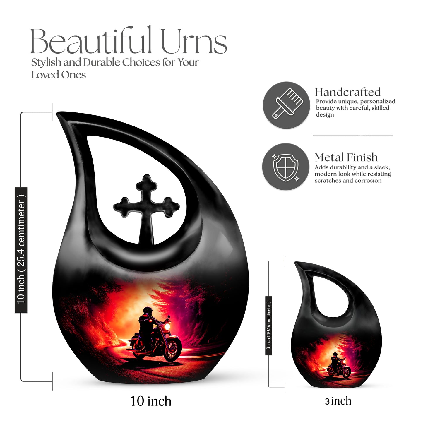 Deep Black Bike Cremation Urn back view with polished surface - cross and bike combined in spiritual memorial design - mini keepsake memorial for portion of cremation ashes