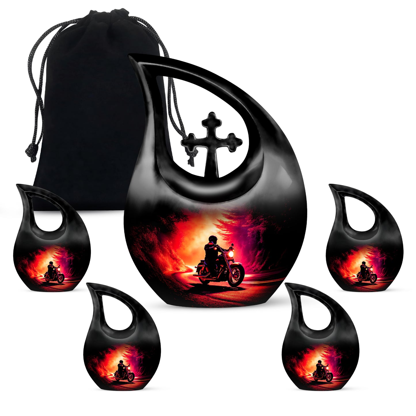 Rich Black Bike Cremation Urn urn with complimentary velvet bag - cross and bike combined in spiritual memorial design - memorial set with one large and four small urns
