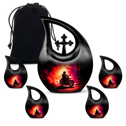 Rich Black Bike Cremation Urn urn with complimentary velvet bag - cross and bike combined in spiritual memorial design - memorial set with one large and four small urns