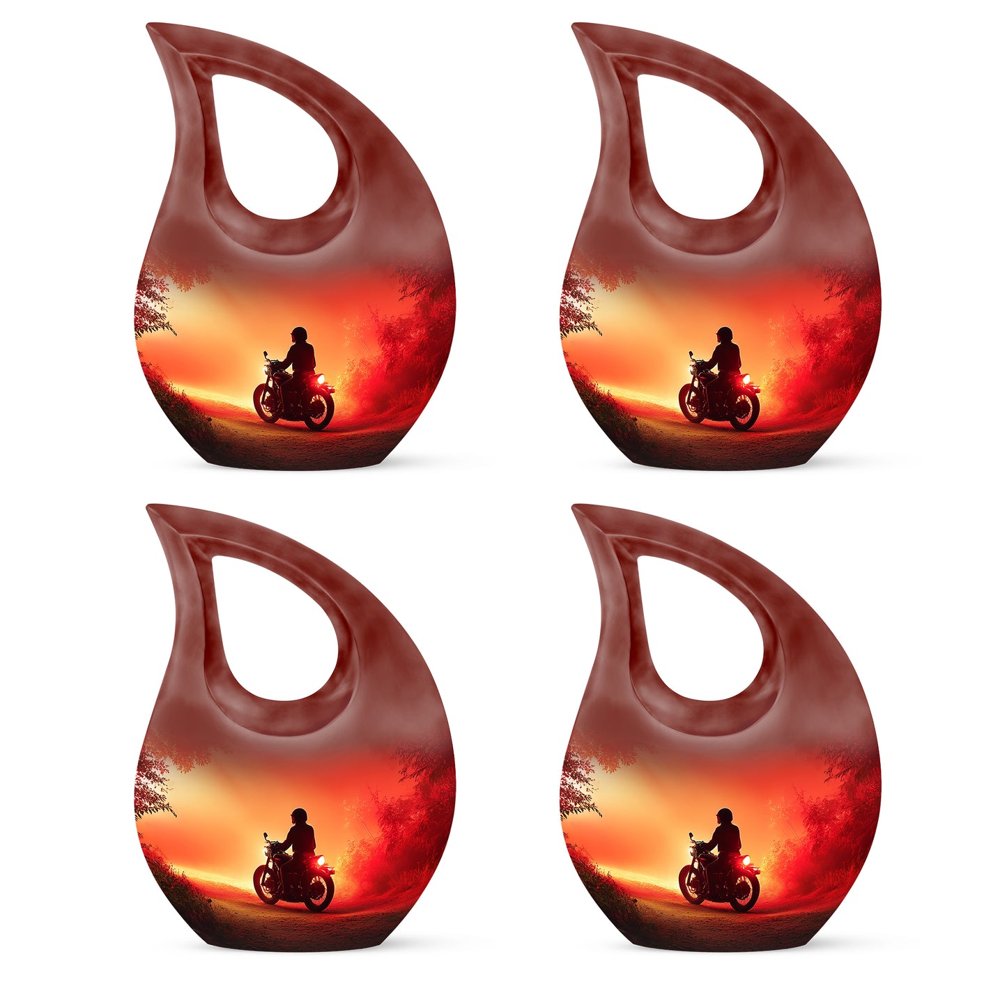 Wine Red Bike Cremation Urn lifestyle display on memorial shelf - cross and bike combined in spiritual memorial design - 10 inch aluminum urn for cremated remains