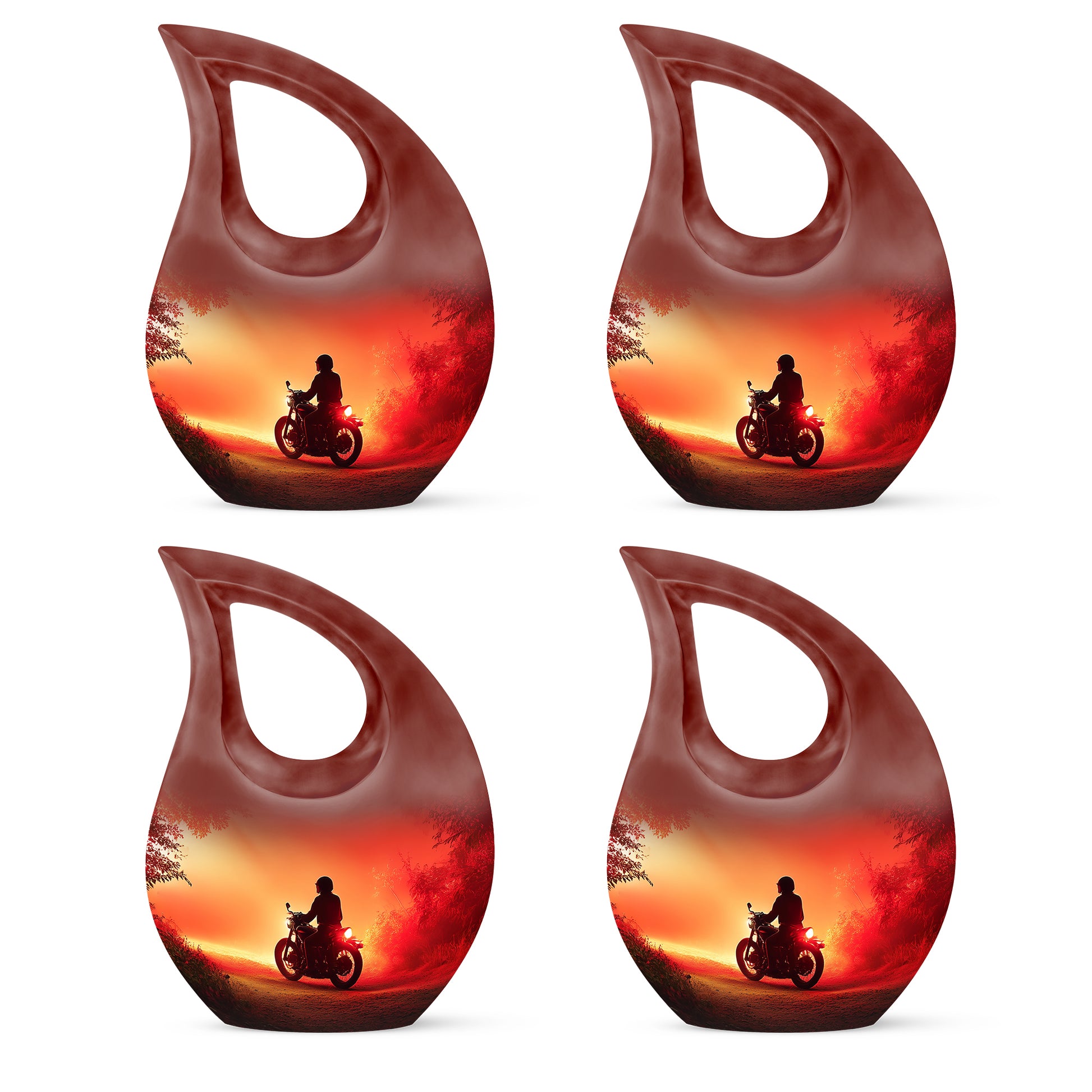 Wine Red Bike Cremation Urn lifestyle display on memorial shelf - cross and bike combined in spiritual memorial design - 10 inch aluminum urn for cremated remains