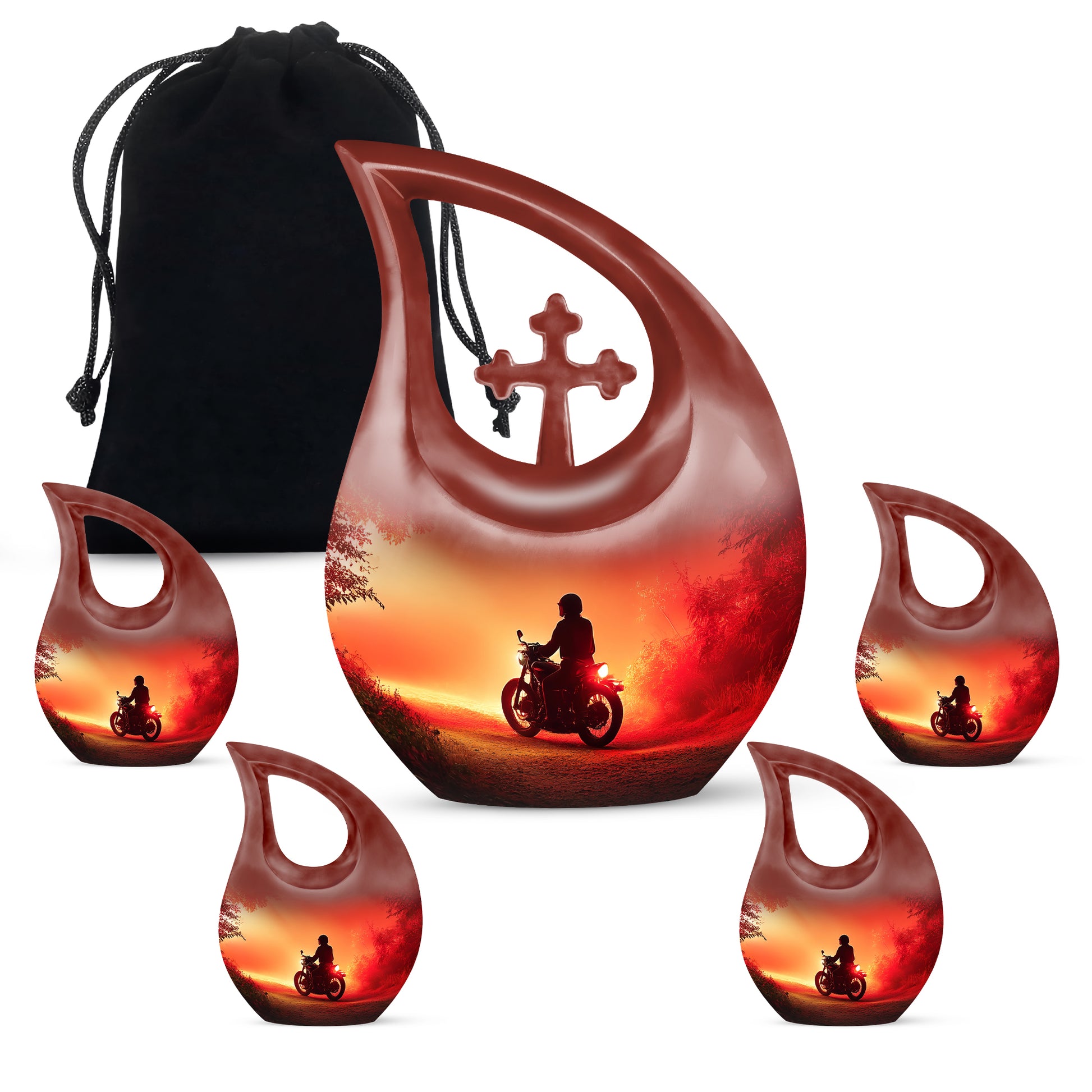 Fiery Red Bike Cremation Urn urn with complimentary velvet bag - faith-inspired cross-drop urn with bike pattern - memorial set with one large and four small urns