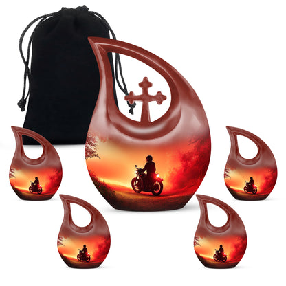 Fiery Red Bike Cremation Urn urn with complimentary velvet bag - faith-inspired cross-drop urn with bike pattern - memorial set with one large and four small urns