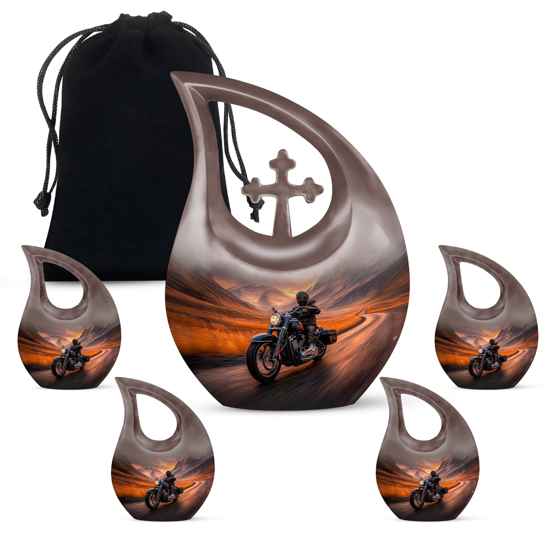 Garnet Red Bike Cremation Urn urn with complimentary velvet bag - cross and bike combined in spiritual memorial design - memorial set with one large and four small urns