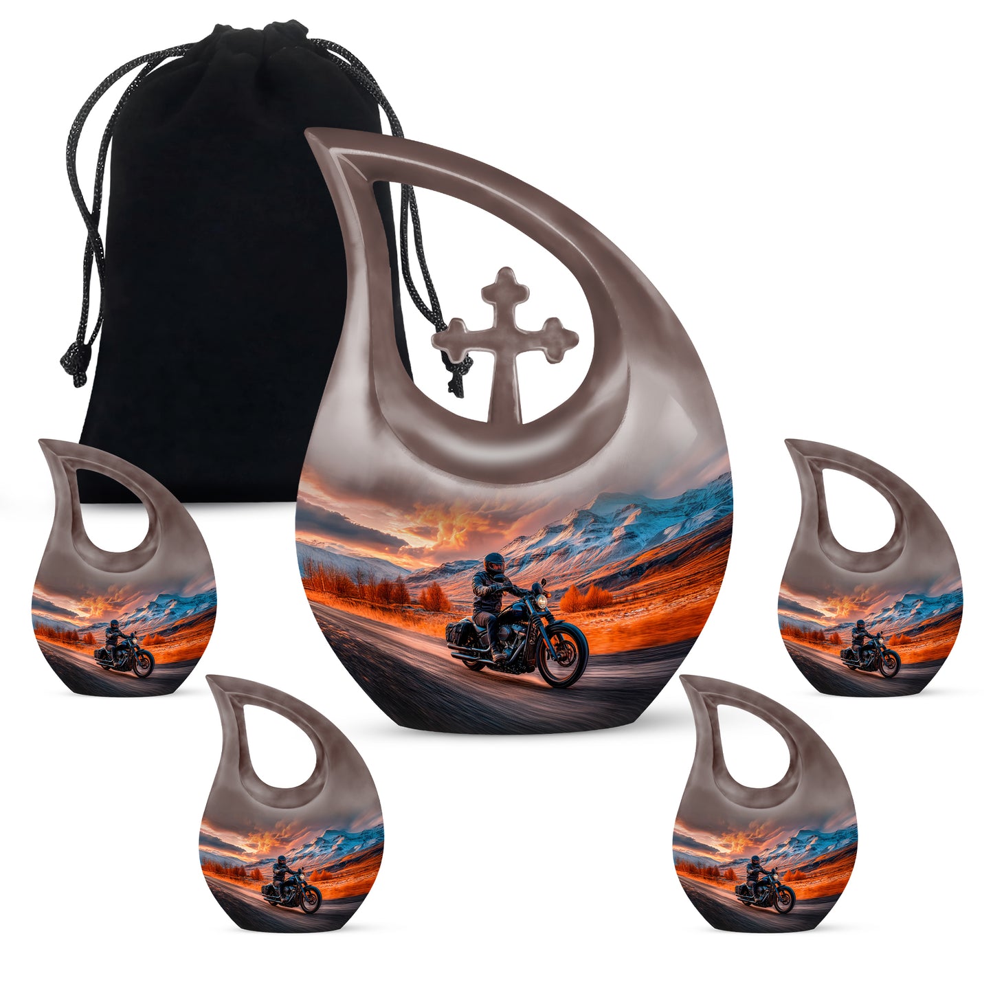 Scarlet Red Bike Cremation Urn urn with complimentary velvet bag - devotional cross-drop bike engraving - memorial set with one large and four small urns