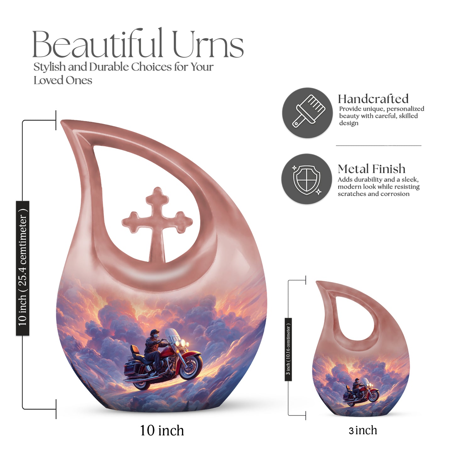 Royal Blue Bike Cremation Urn back view with polished surface - faith-inspired cross-drop urn with bike pattern - mini keepsake memorial for portion of cremation ashes