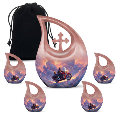Pastel Blue Bike Cremation Urn urn with complimentary velvet bag - sacred cross merged with bike motif on metal - memorial set with one large and four small urns