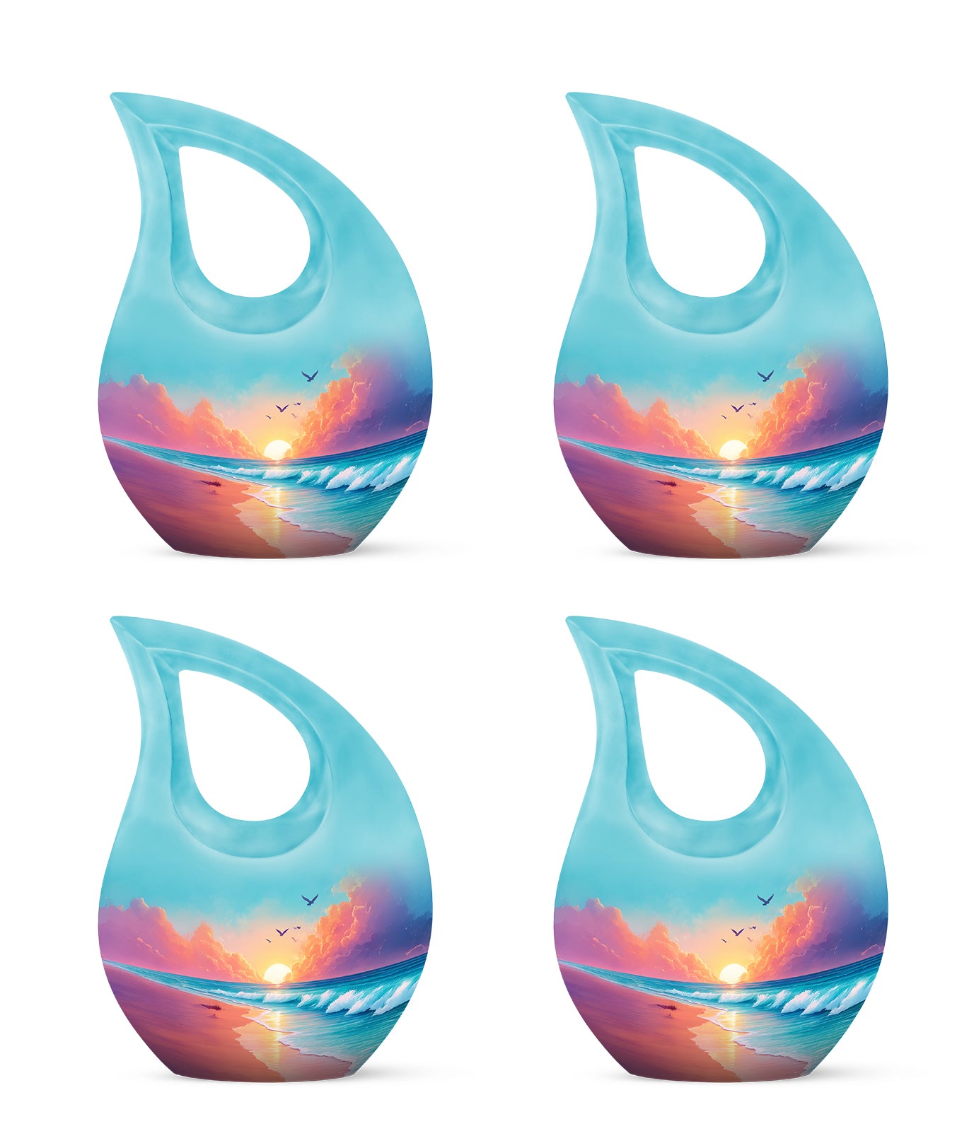 Jewel Teal Beach Cremation Urn lifestyle display on memorial shelf - sacred cross merged with beach motif on metal - 10 inch aluminum urn for cremated remains