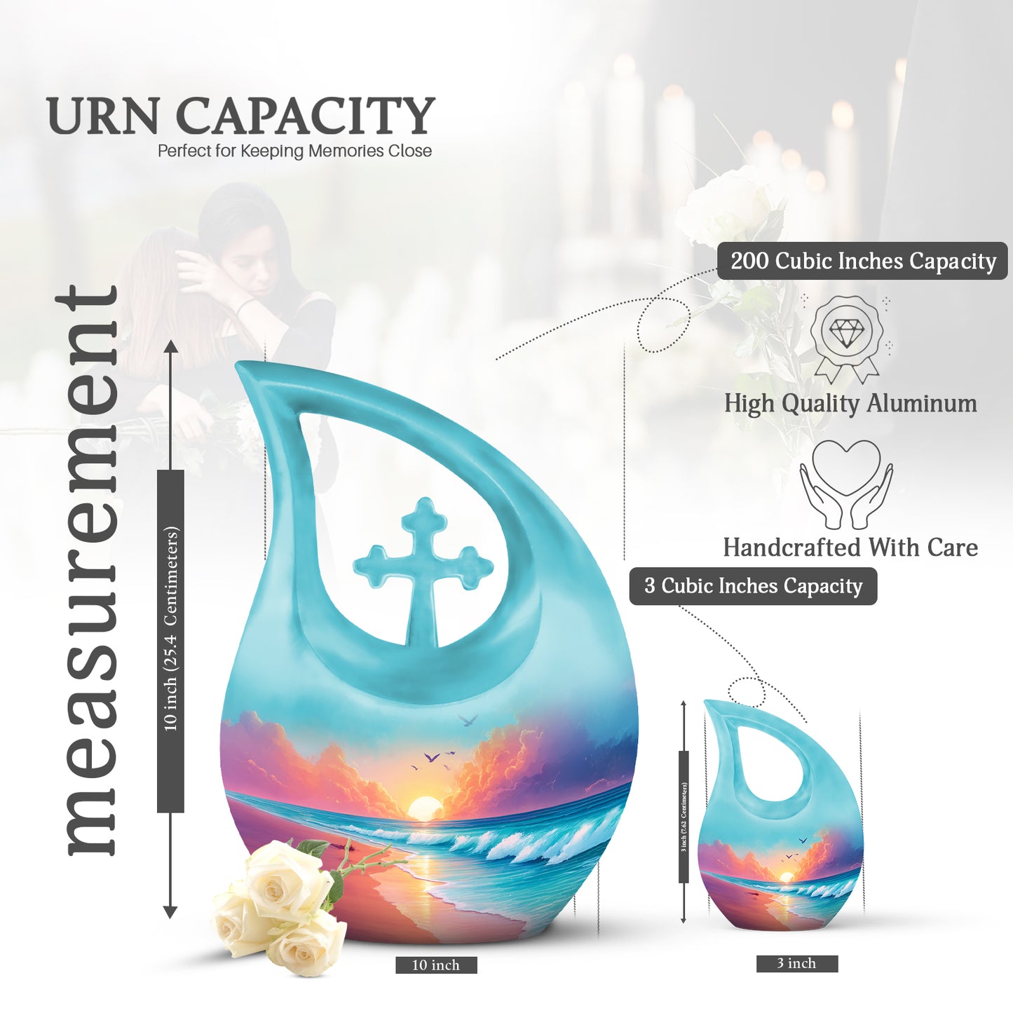 Soft Teal Beach Cremation Urn back view with polished surface - cross and beach combined in spiritual memorial design - mini keepsake memorial for portion of cremation ashes