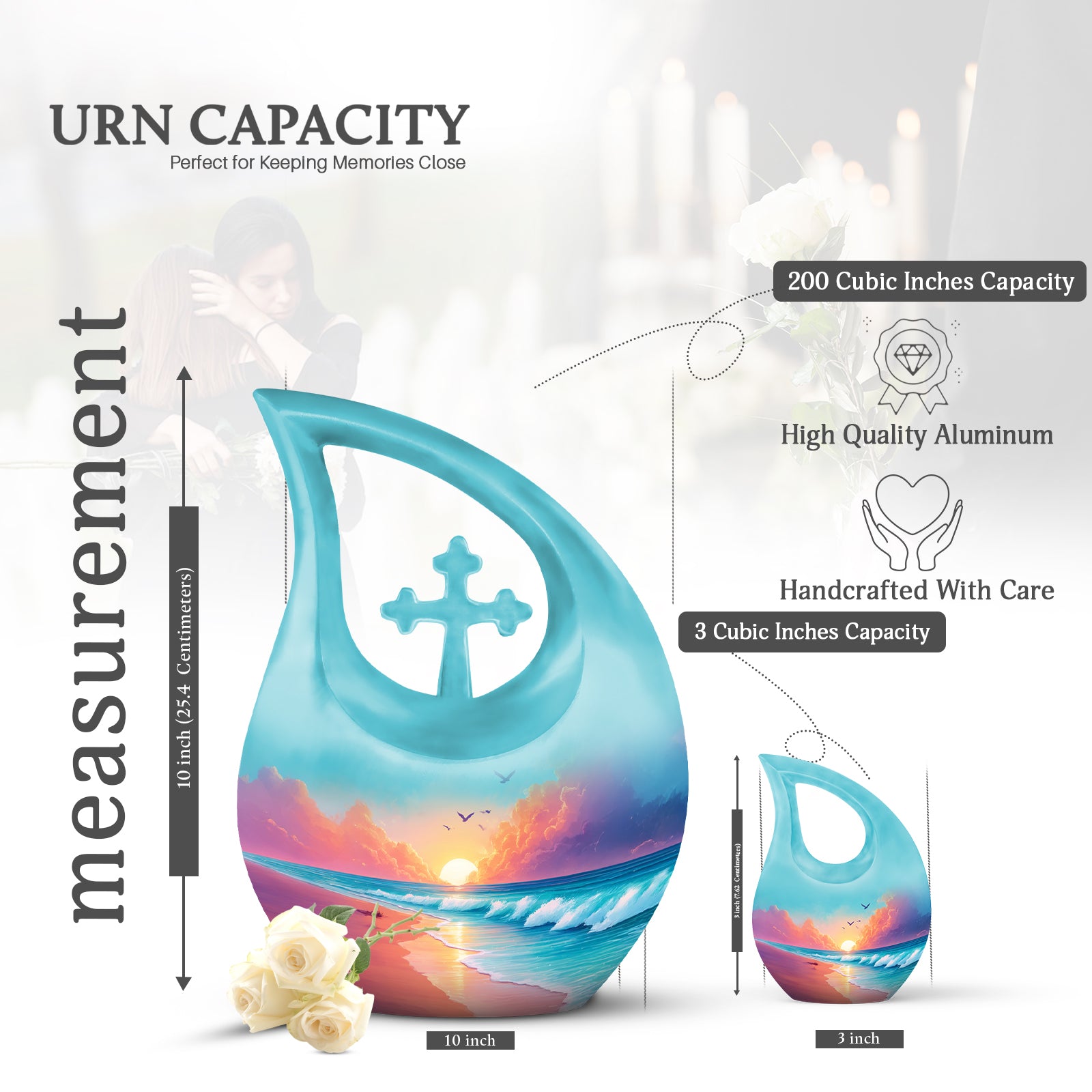 Soft Teal Beach Cremation Urn back view with polished surface - cross and beach combined in spiritual memorial design - mini keepsake memorial for portion of cremation ashes