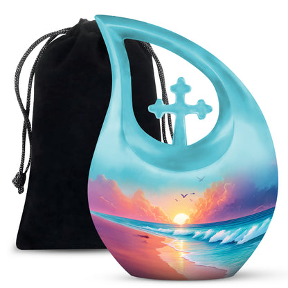 Cool Teal Beach Cremation Urn top-down view of secure threaded lid - cross and beach combined in spiritual memorial design - full-size 10 inch 200 cubic inch adult cremation urn