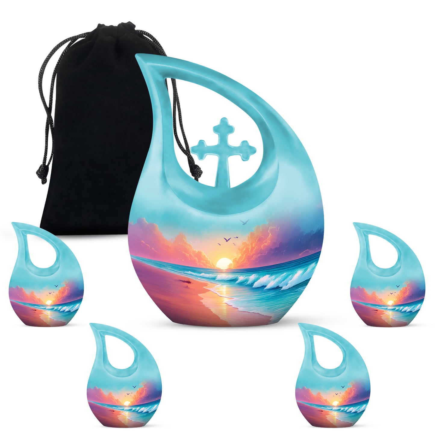 Deep Teal Beach Cremation Urn urn with complimentary velvet bag - devotional cross-drop beach engraving - memorial set with one large and four small urns