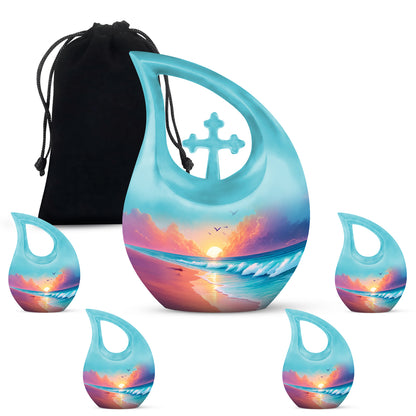 Deep Teal Beach Cremation Urn urn with complimentary velvet bag - devotional cross-drop beach engraving - memorial set with one large and four small urns