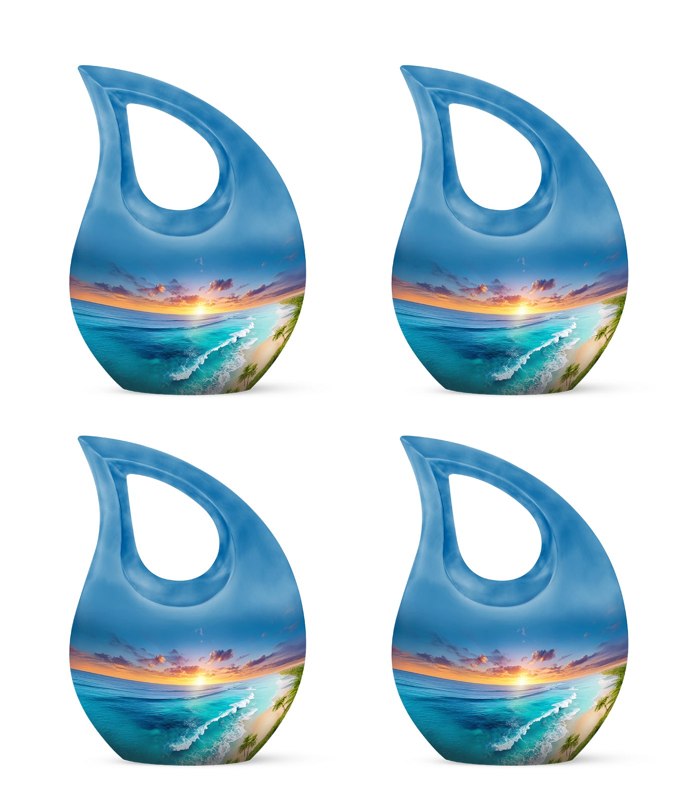 Misty Blue Beach Cremation Urn lifestyle display on memorial shelf - cross and beach combined in spiritual memorial design - 10 inch aluminum urn for cremated remains