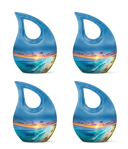 Misty Blue Beach Cremation Urn lifestyle display on memorial shelf - cross and beach combined in spiritual memorial design - 10 inch aluminum urn for cremated remains