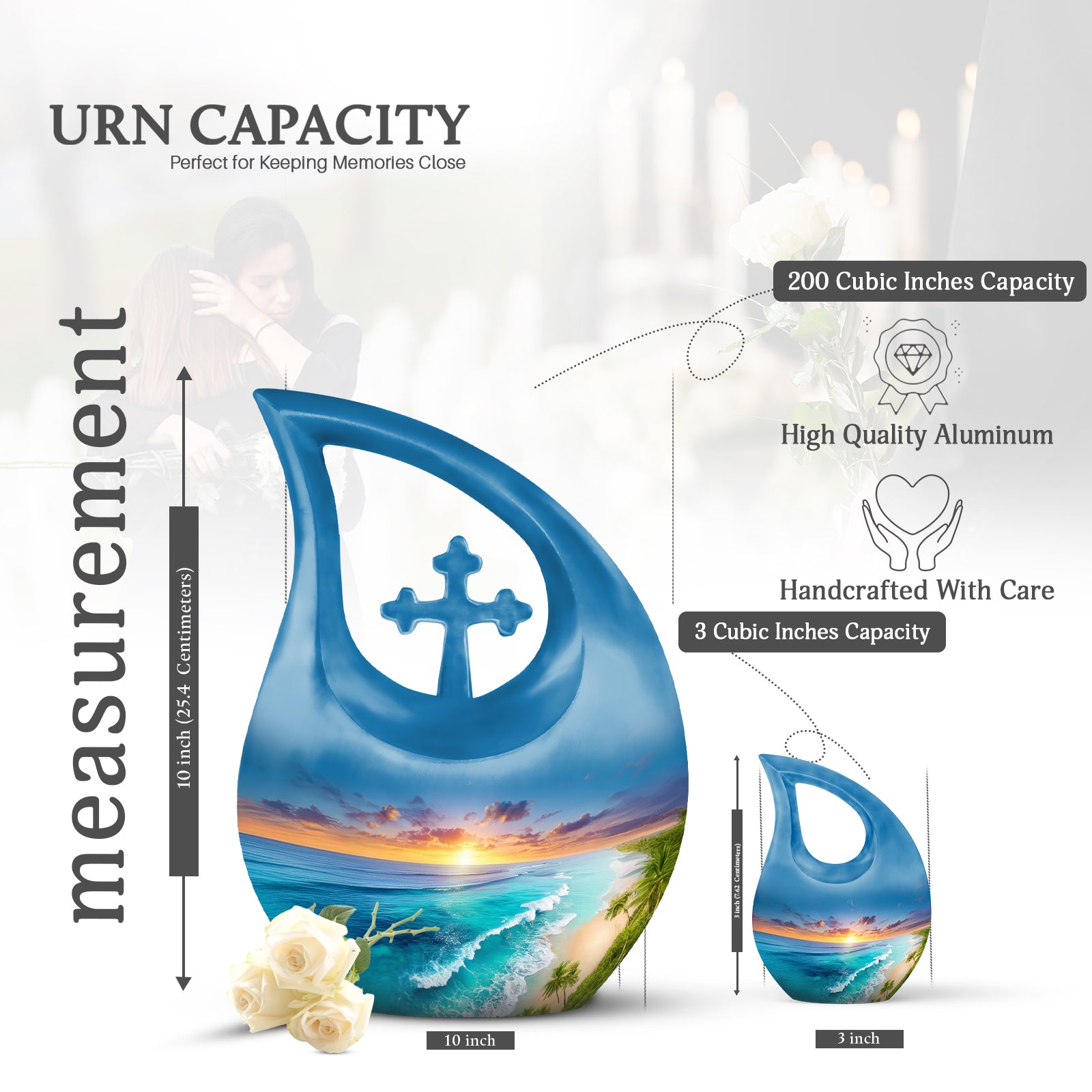 Vivid Blue Beach Cremation Urn back view with polished surface - devotional cross-drop beach engraving - mini keepsake memorial for portion of cremation ashes