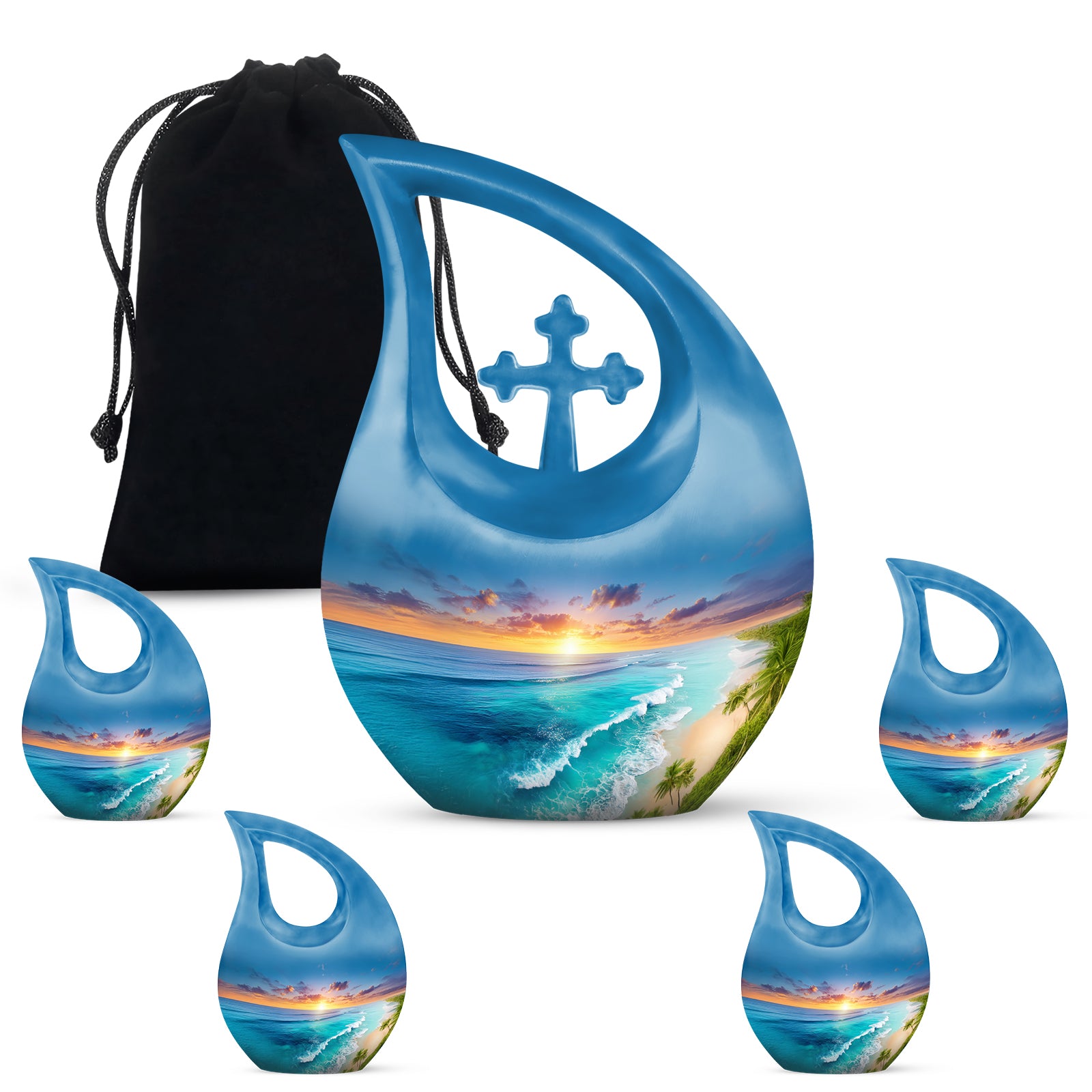 Soft Blue Beach Cremation Urn urn with complimentary velvet bag - faith-inspired cross-drop urn with beach pattern - memorial set with one large and four small urns