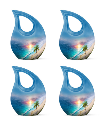 Rich Red Beach Cremation Urn lifestyle display on memorial shelf - faith-inspired cross-drop urn with beach pattern - 10 inch aluminum urn for cremated remains