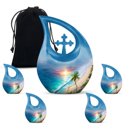Wine Red Beach Cremation Urn urn with complimentary velvet bag - sacred cross merged with beach motif on metal - memorial set with one large and four small urns