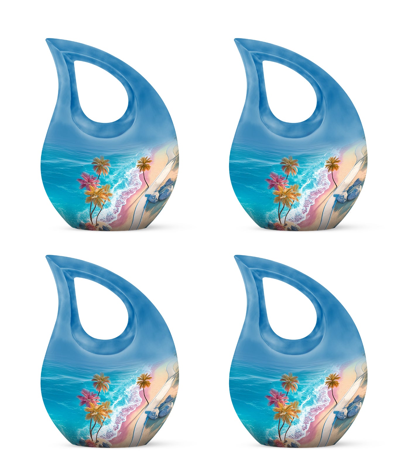 Soft Teal Beach Cremation Urn lifestyle display on memorial shelf - sacred cross merged with beach motif on metal - 10 inch aluminum urn for cremated remains