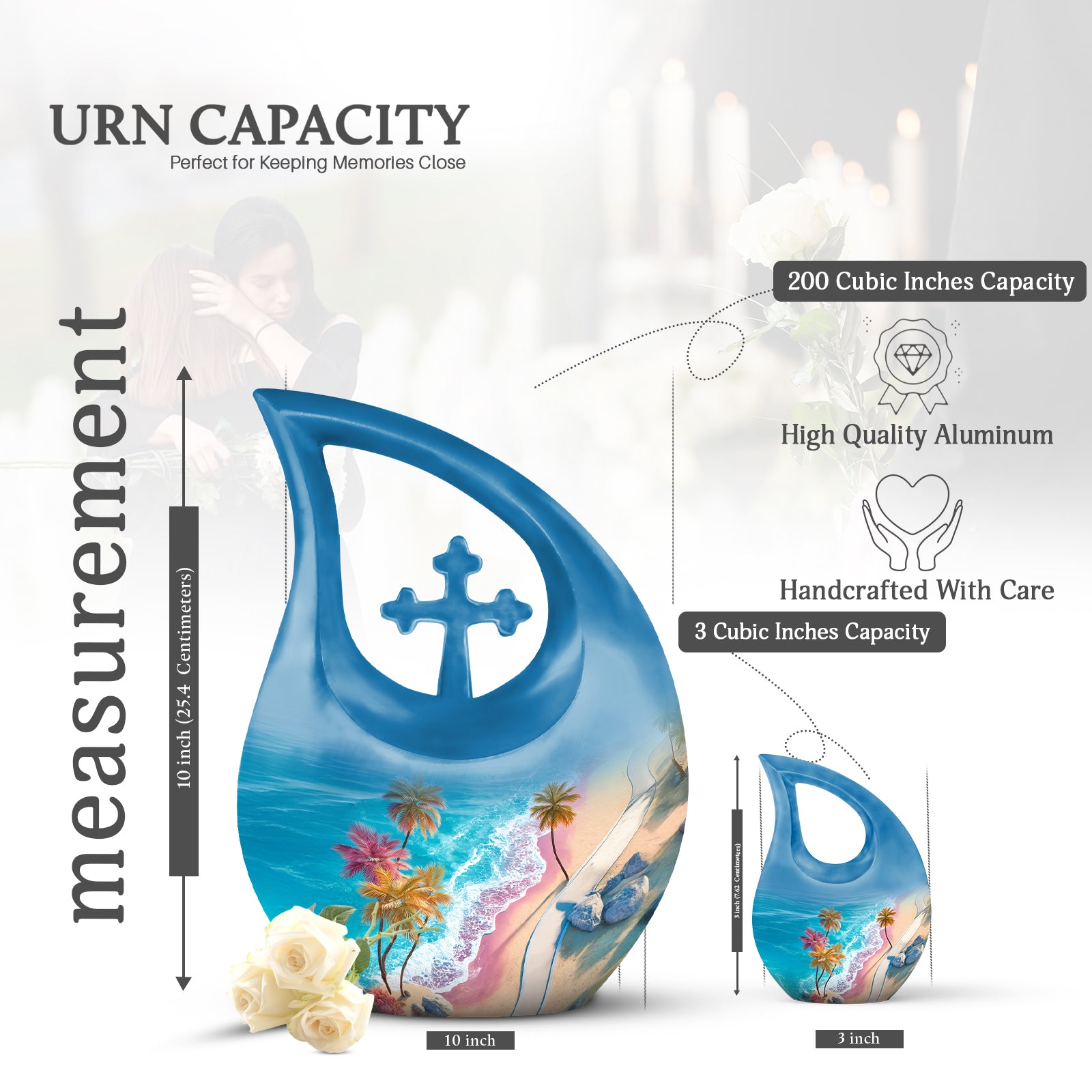 Cool Teal Beach Cremation Urn back view with polished surface - cross and beach combined in spiritual memorial design - mini keepsake memorial for portion of cremation ashes