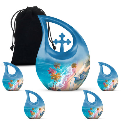 Soft Teal Beach Cremation Urn urn with complimentary velvet bag - cross and beach combined in spiritual memorial design - memorial set with one large and four small urns
