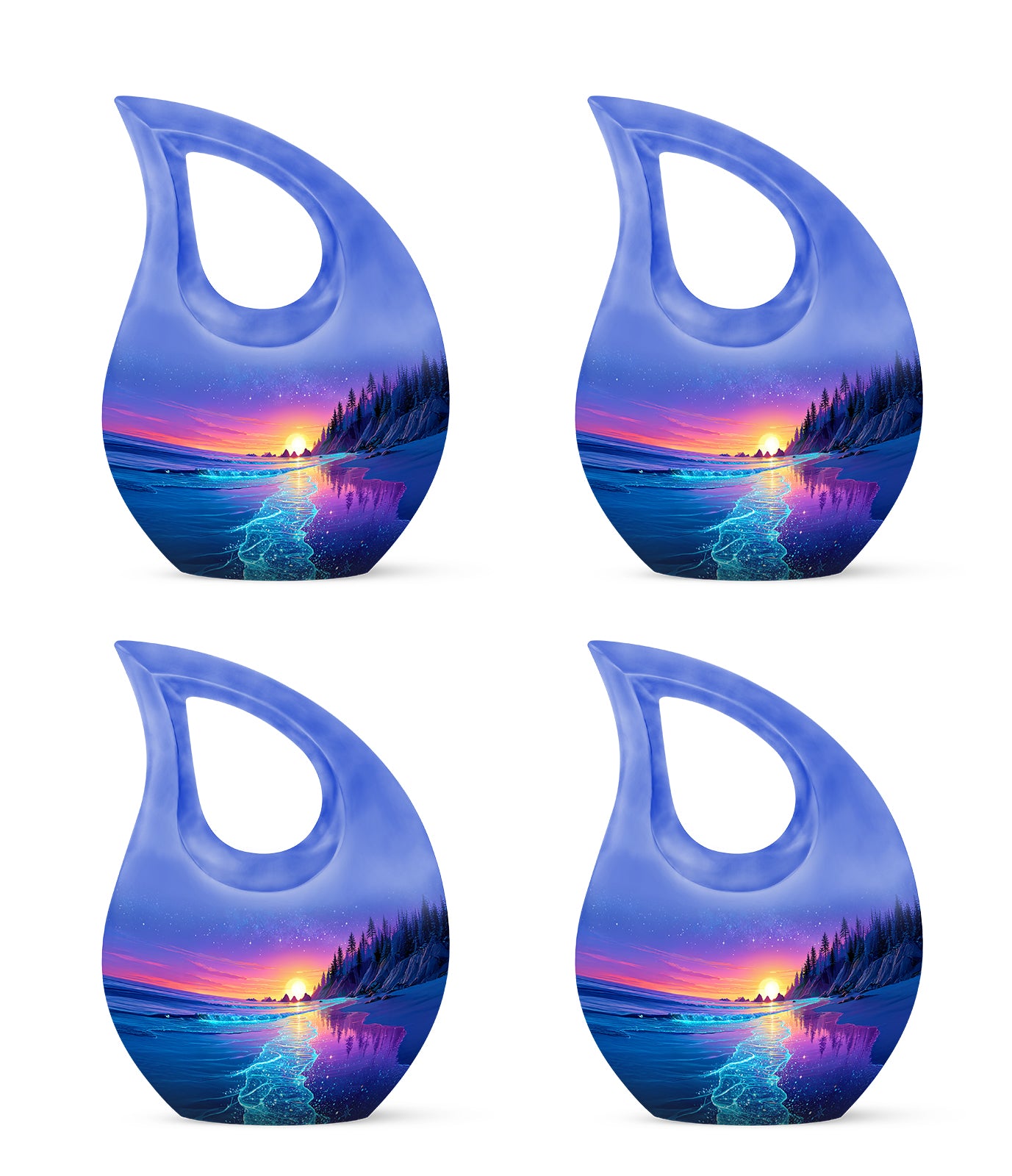 Azure Beach Cremation Urn lifestyle display on memorial shelf - cross and beach combined in spiritual memorial design - 10 inch aluminum urn for cremated remains