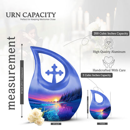 Slate Blue Beach Cremation Urn back view with polished surface - sacred cross merged with beach motif on metal - mini keepsake memorial for portion of cremation ashes
