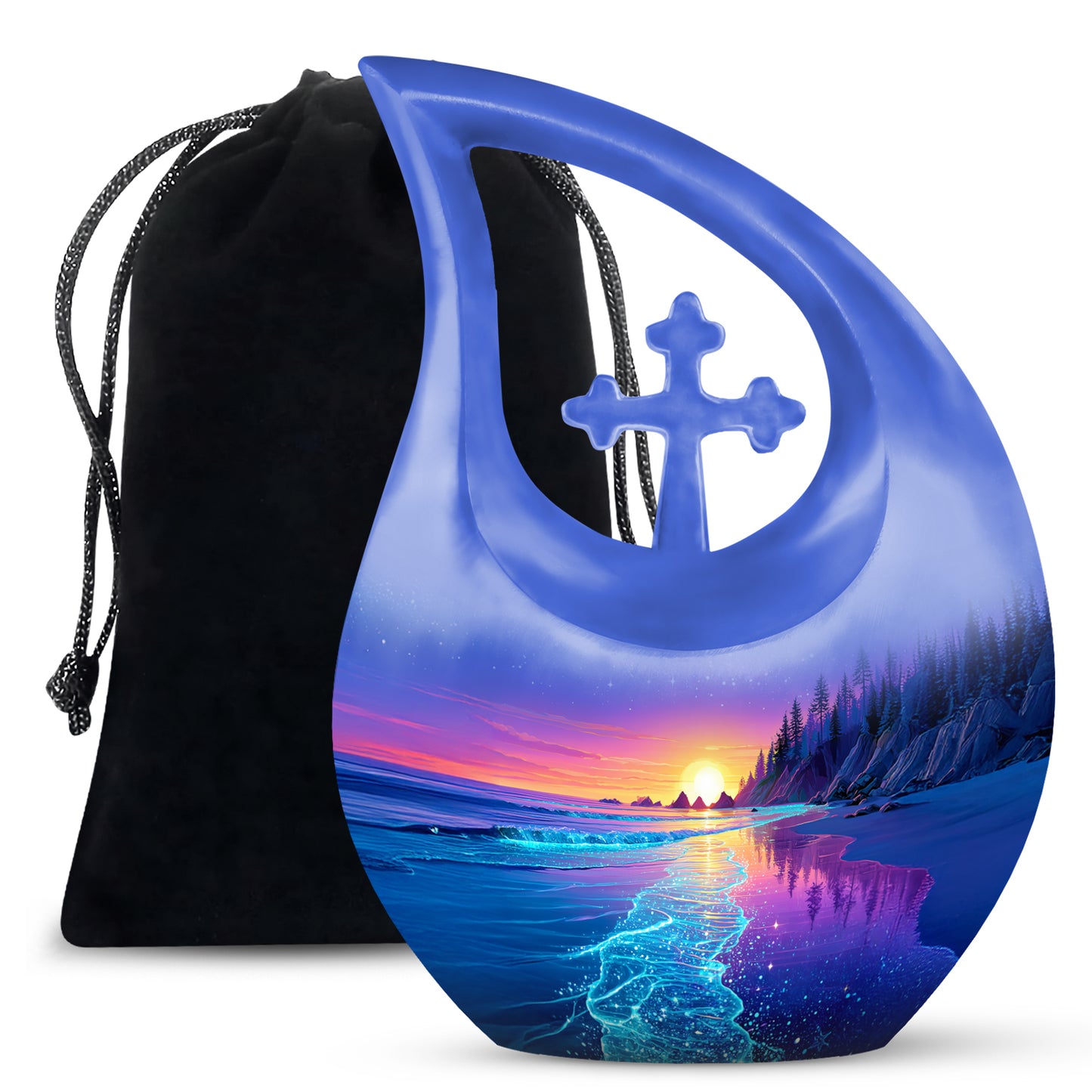 Serene Blue Beach Cremation Urn top-down view of secure threaded lid - devotional cross-drop beach engraving - full-size 10 inch 200 cubic inch adult cremation urn