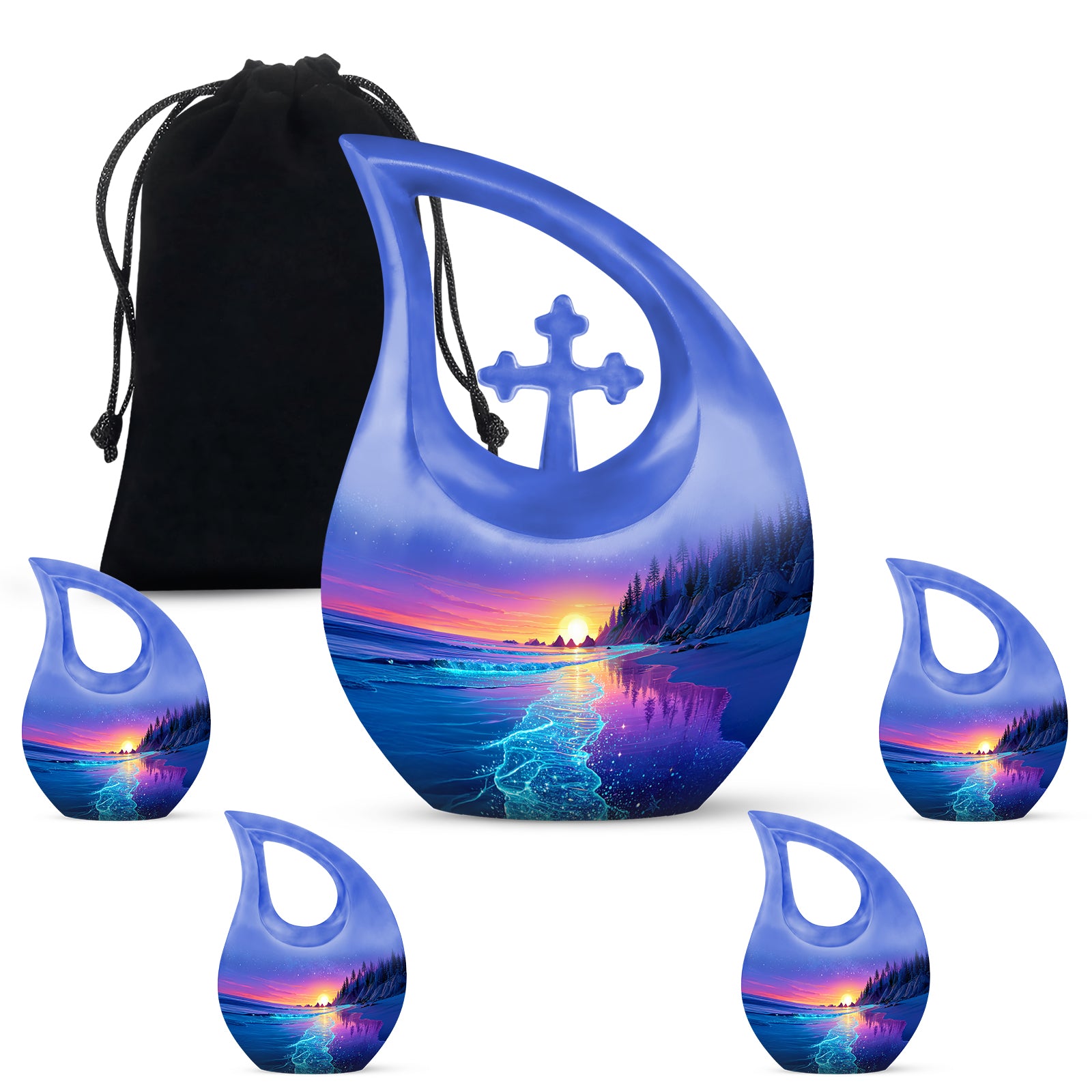 Slate Blue Beach Cremation Urn urn with complimentary velvet bag - sacred cross merged with beach motif on metal - memorial set with one large and four small urns
