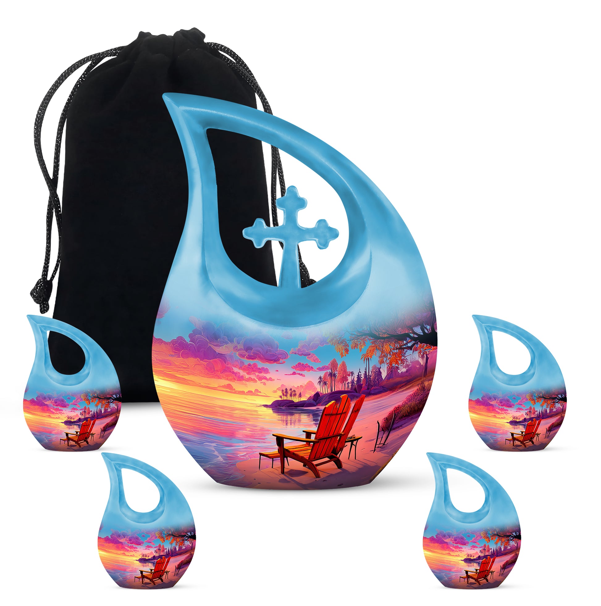 Royal Blue Beach Cremation Urn urn with complimentary velvet bag - devotional cross-drop beach engraving - memorial set with one large and four small urns