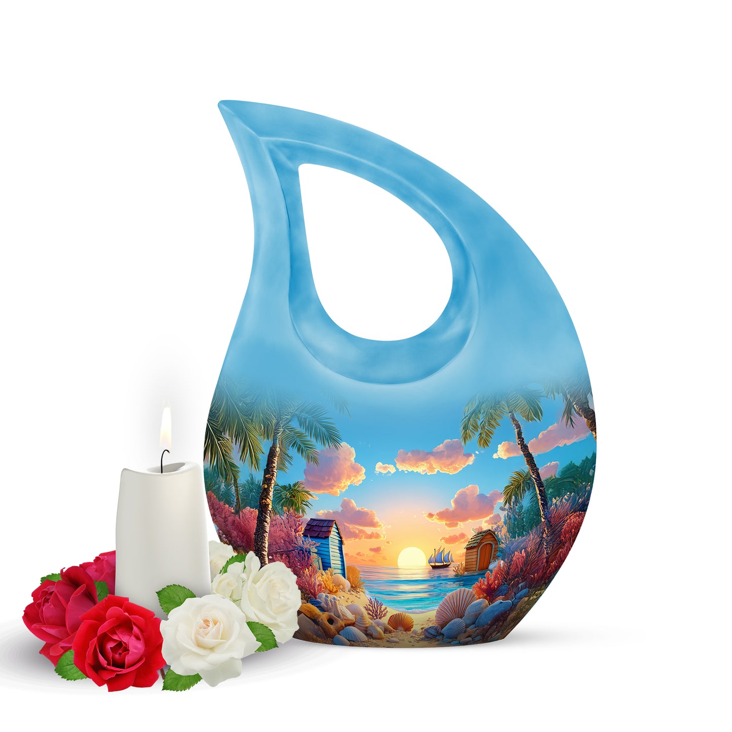Blue Exquisite Beach Memorial Urn for Ashes - 10-inch, 200 cu in - Yatskia