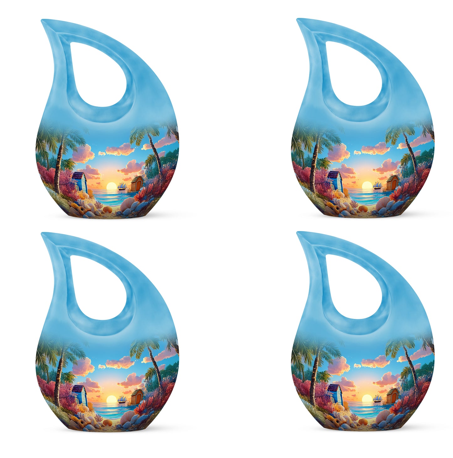 Slate Blue Beach Cremation Urn lifestyle display on memorial shelf - sacred cross merged with beach motif on metal - 10 inch aluminum urn for cremated remains
