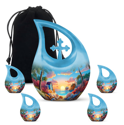 Pastel Blue Beach Cremation Urn urn with complimentary velvet bag - sacred cross merged with beach motif on metal - memorial set with one large and four small urns
