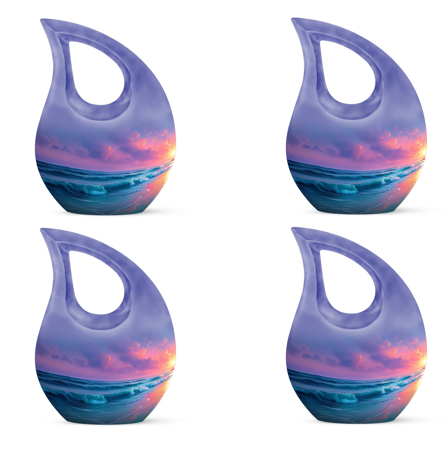 Pastel Blue Beach Cremation Urn lifestyle display on memorial shelf - cross and beach combined in spiritual memorial design - 10 inch aluminum urn for cremated remains