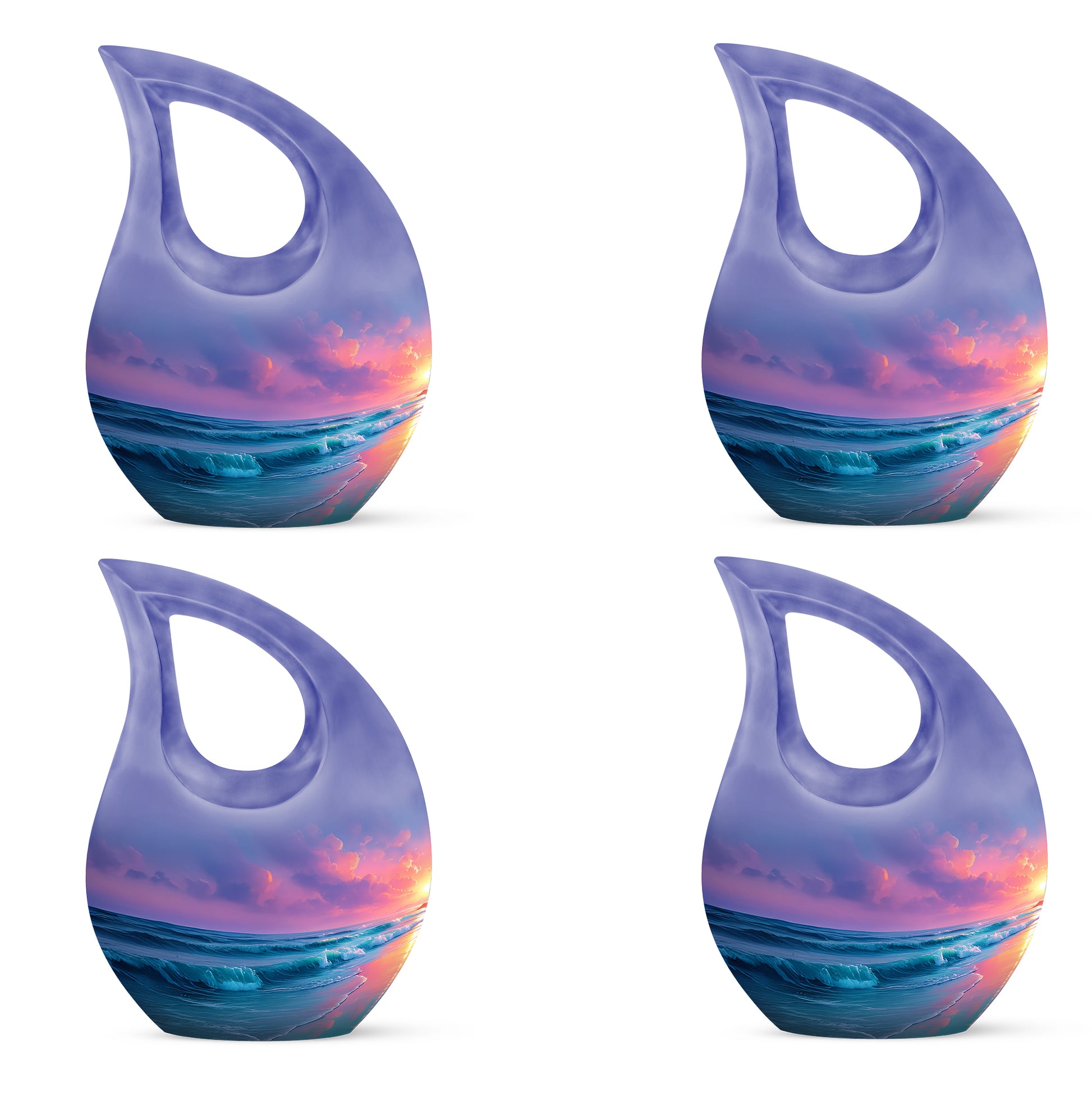 Pastel Blue Beach Cremation Urn lifestyle display on memorial shelf - cross and beach combined in spiritual memorial design - 10 inch aluminum urn for cremated remains