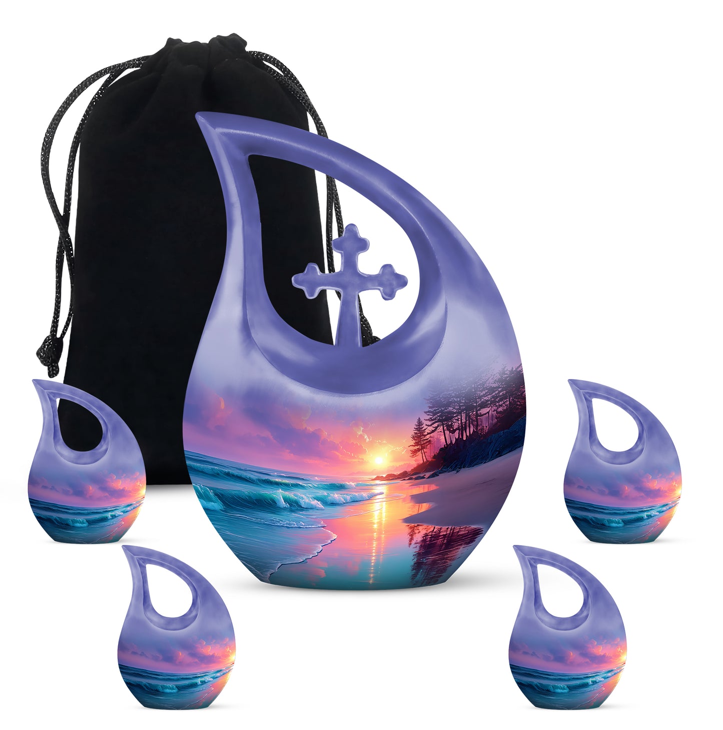 Celestial Blue Beach Cremation Urn urn with complimentary velvet bag - sacred cross merged with beach motif on metal - memorial set with one large and four small urns
