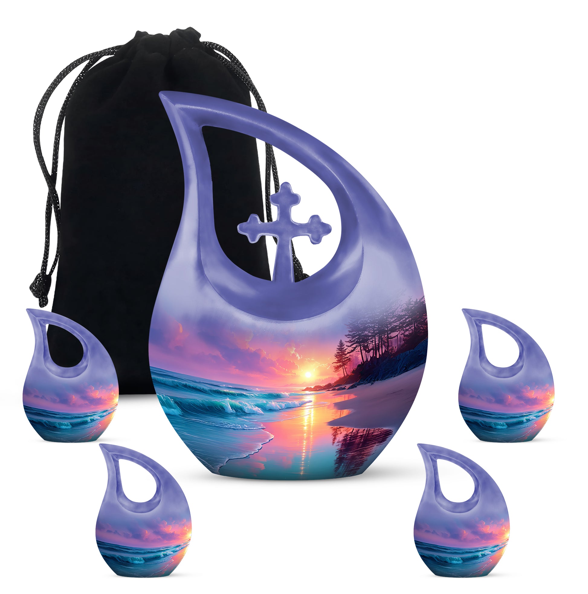 Celestial Blue Beach Cremation Urn urn with complimentary velvet bag - sacred cross merged with beach motif on metal - memorial set with one large and four small urns