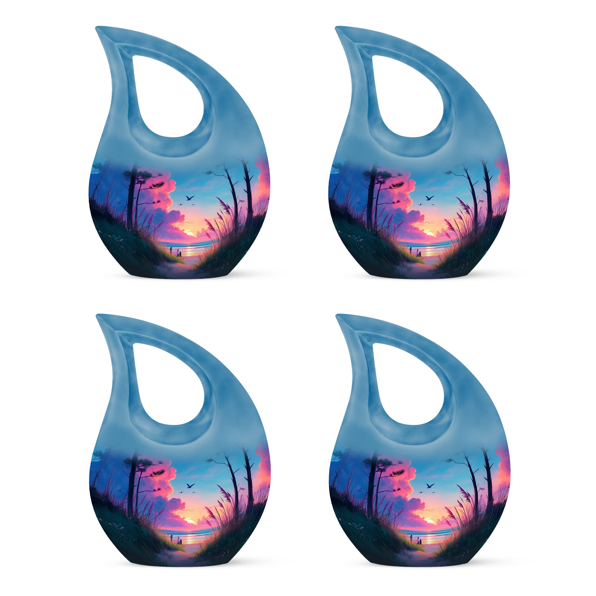 Bright Blue Beach Cremation Urn lifestyle display on memorial shelf - faith-inspired cross-drop urn with beach pattern - 10 inch aluminum urn for cremated remains