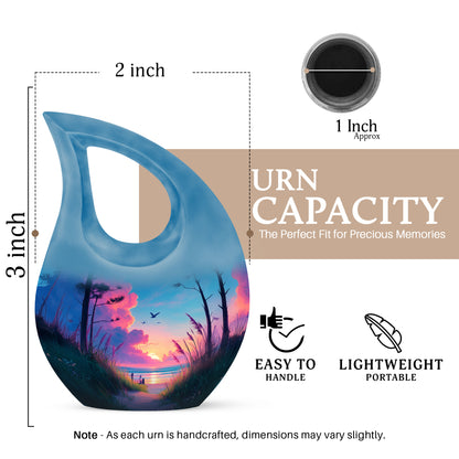 Serene Blue Beach Cremation Urn back view with polished surface - devotional cross-drop beach engraving - mini keepsake memorial for portion of cremation ashes