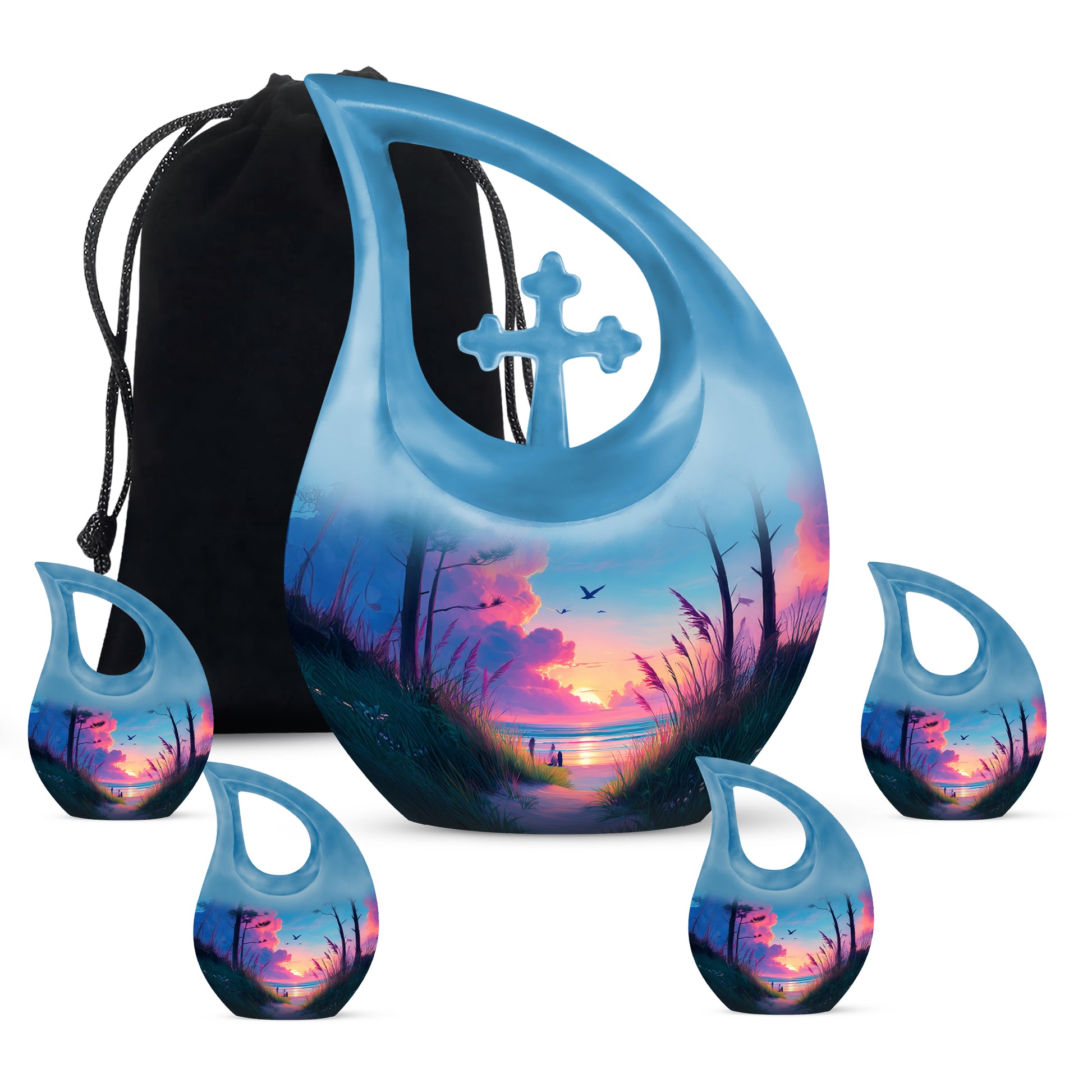 Pastel Blue Beach Cremation Urn urn with complimentary velvet bag - sacred cross merged with beach motif on metal - memorial set with one large and four small urns