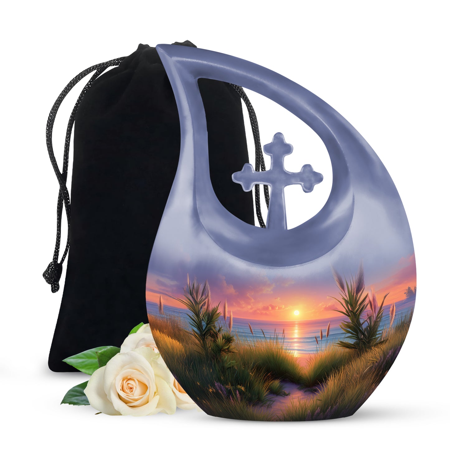 Sky Blue Beach Cremation Urn top-down view of secure threaded lid - cross and beach combined in spiritual memorial design - full-size 10 inch 200 cubic inch adult cremation urn