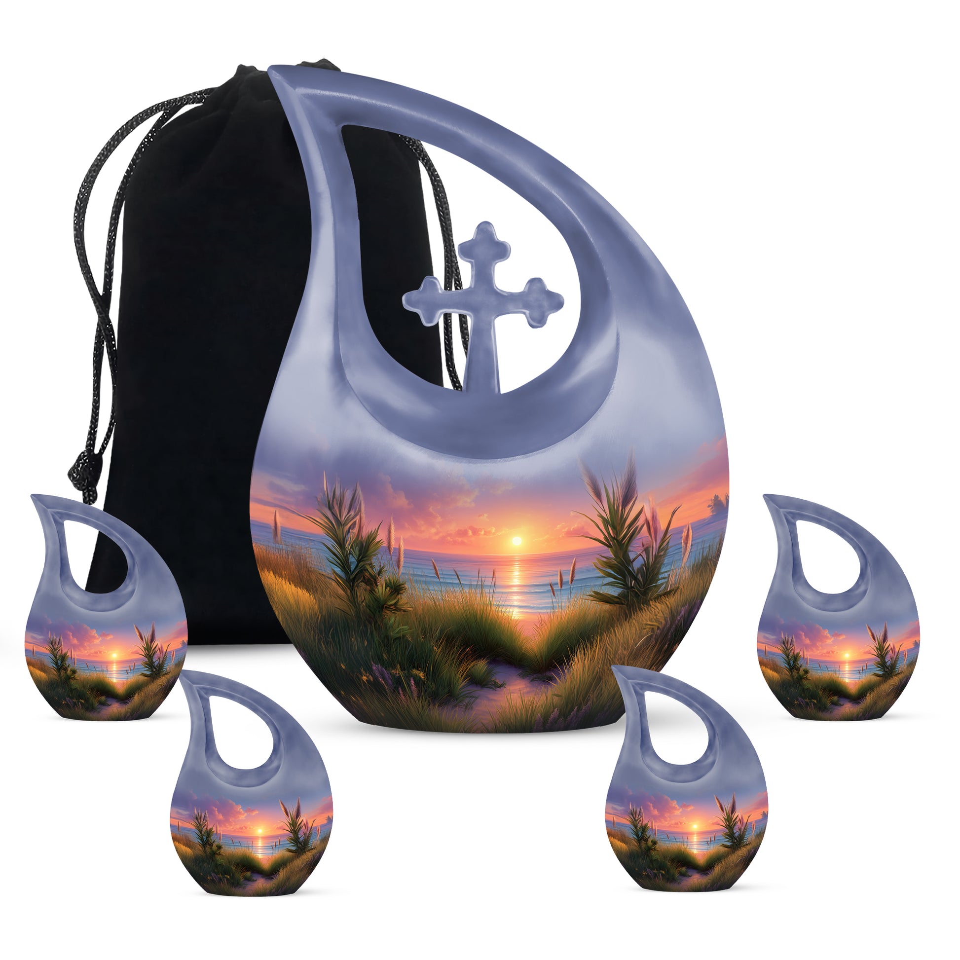 Calming Blue Beach Cremation Urn urn with complimentary velvet bag - devotional cross-drop beach engraving - memorial set with one large and four small urns