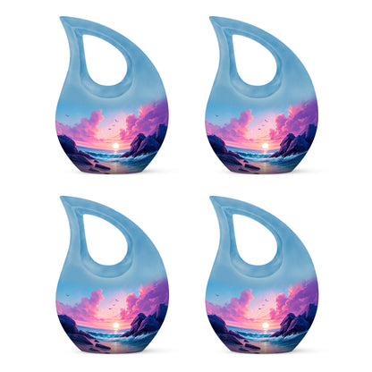 Royal Blue Beach Cremation Urn lifestyle display on memorial shelf - faith-inspired cross-drop urn with beach pattern - 10 inch aluminum urn for cremated remains