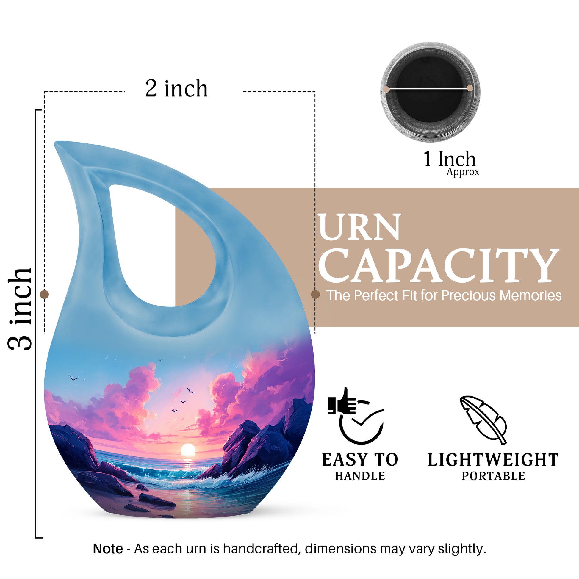 Vivid Blue Beach Cremation Urn back view with polished surface - faith-inspired cross-drop urn with beach pattern - mini keepsake memorial for portion of cremation ashes