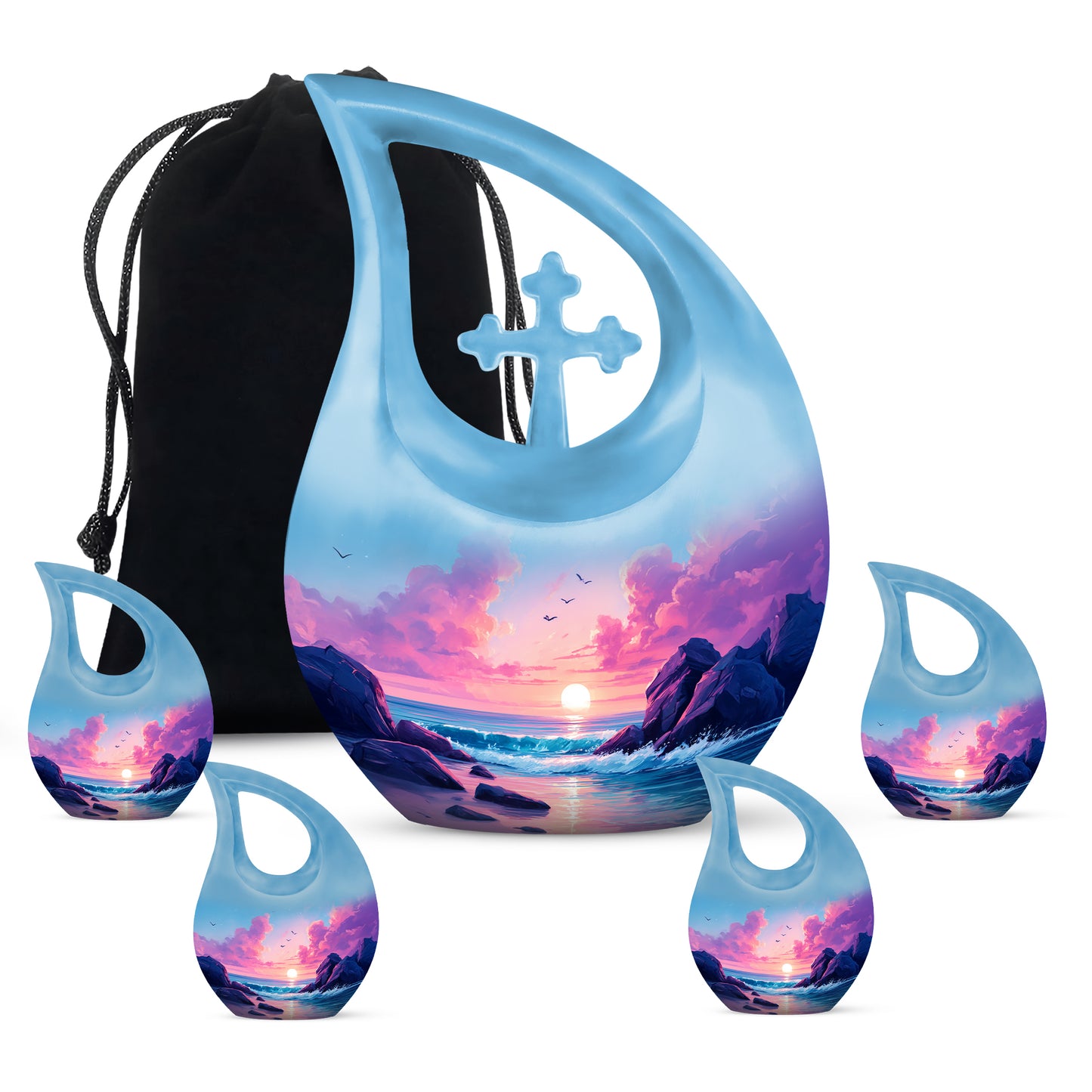 Serene Blue Beach Cremation Urn urn with complimentary velvet bag - devotional cross-drop beach engraving - memorial set with one large and four small urns