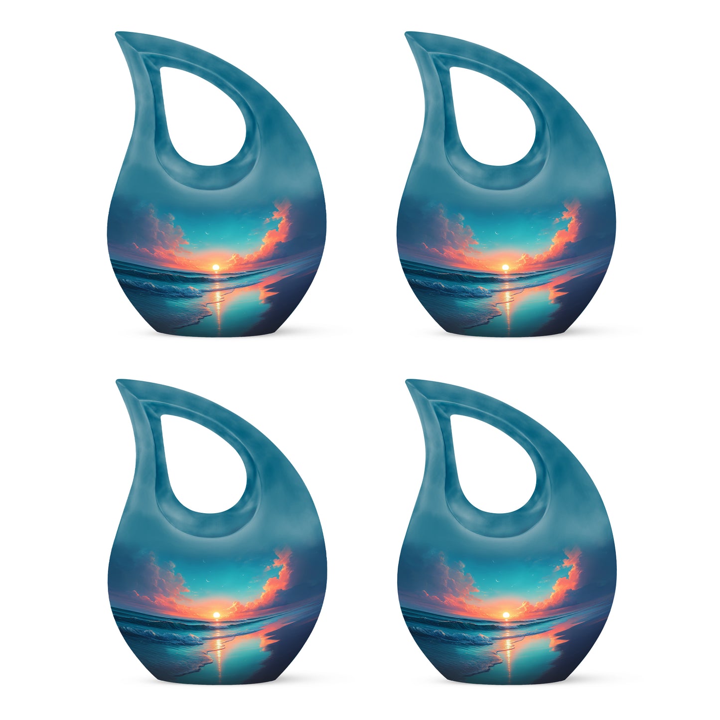 Indigo Beach Cremation Urn lifestyle display on memorial shelf - cross and beach combined in spiritual memorial design - 10 inch aluminum urn for cremated remains
