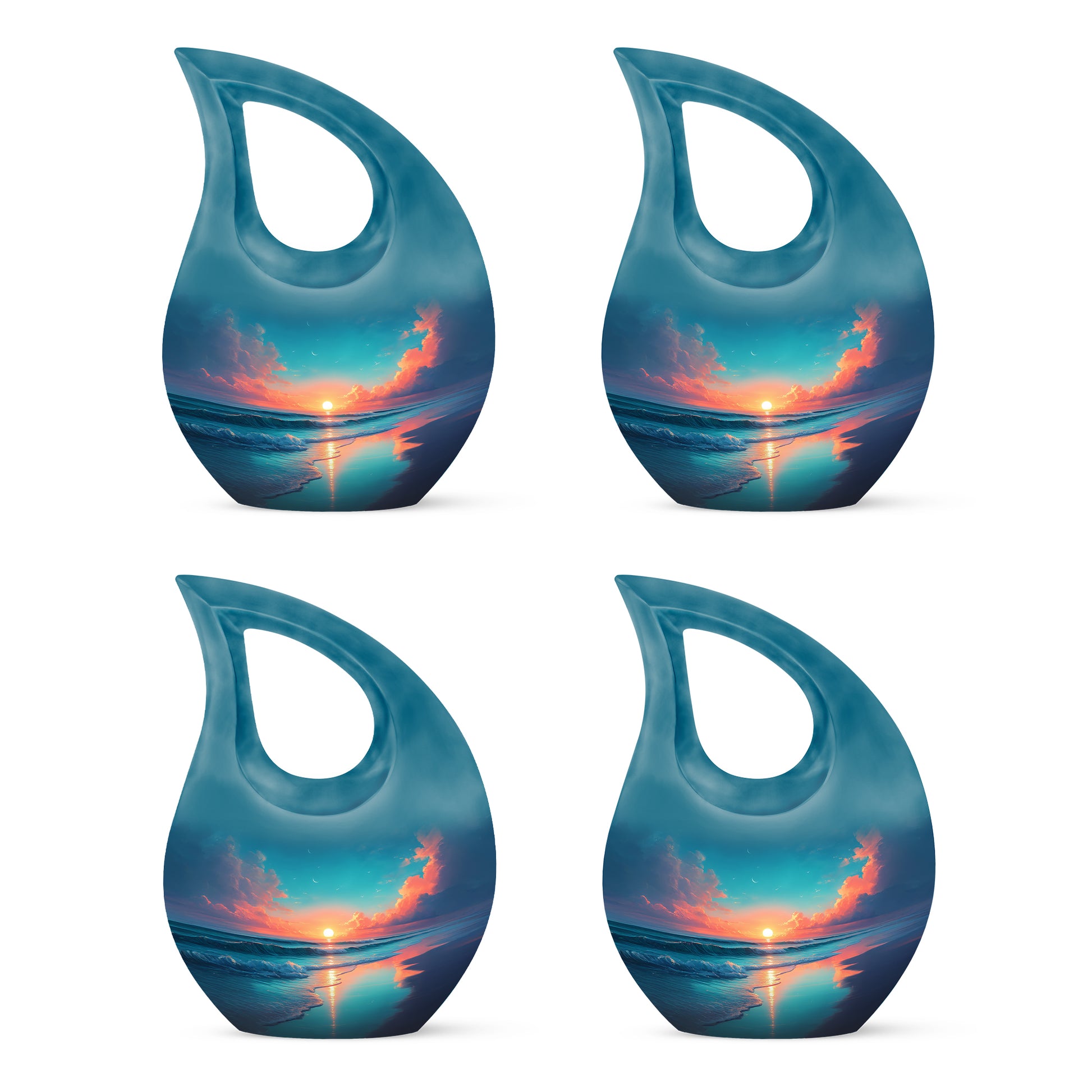 Indigo Beach Cremation Urn lifestyle display on memorial shelf - cross and beach combined in spiritual memorial design - 10 inch aluminum urn for cremated remains