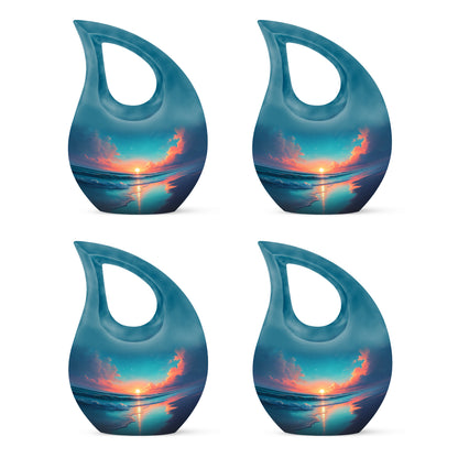 Indigo Beach Cremation Urn lifestyle display on memorial shelf - cross and beach combined in spiritual memorial design - 10 inch aluminum urn for cremated remains